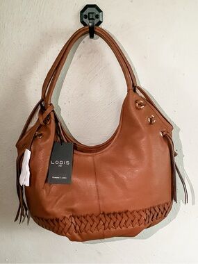 NWT Lodis Julie Hobo Chestnut Woven Trim Leather Bag
